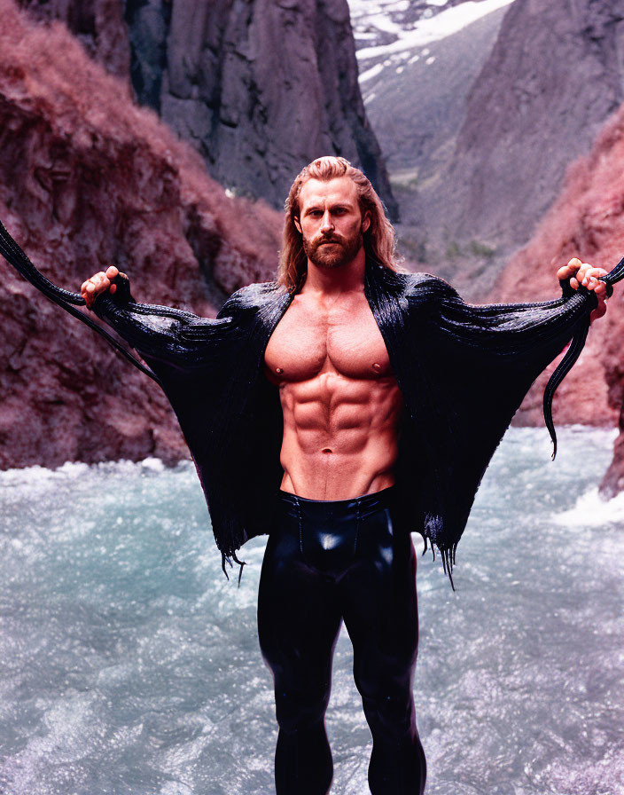 Muscular man with long hair holding open black cape near rocky backdrop.