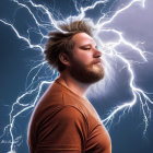 Bearded man with tousled hair in orange shirt with lightning bolts on blue background