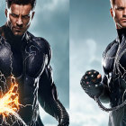 Two male figures in blue and black superhero suits with lightning effects and clenched fist.