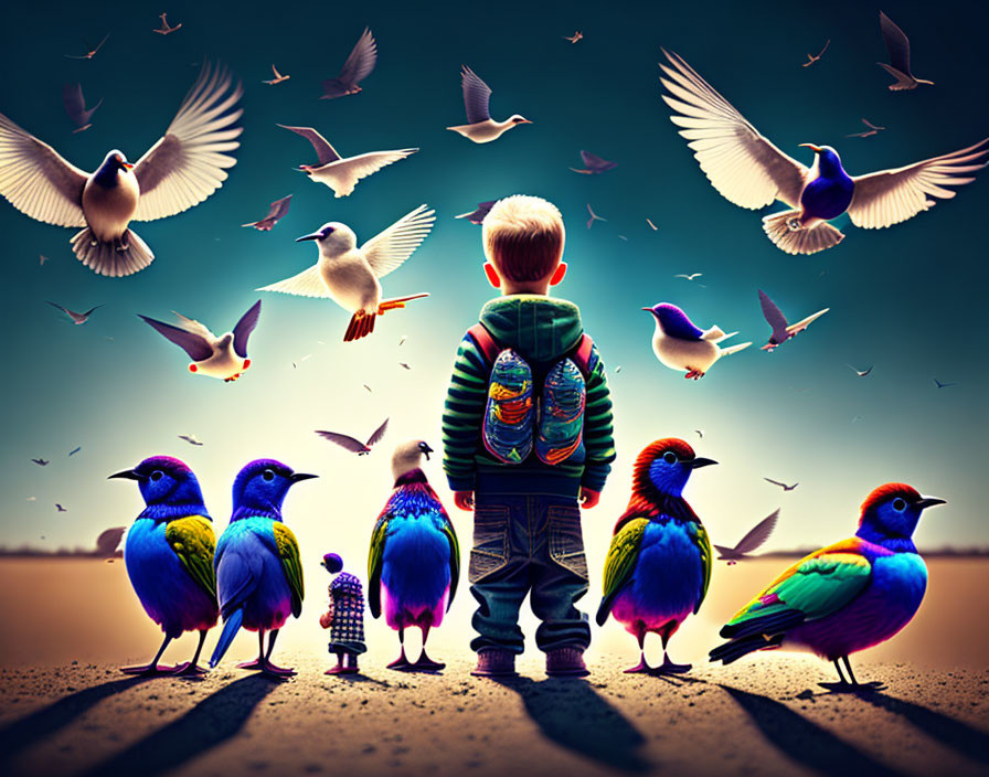 Boy surrounded by multicolored and white birds under dusky sky