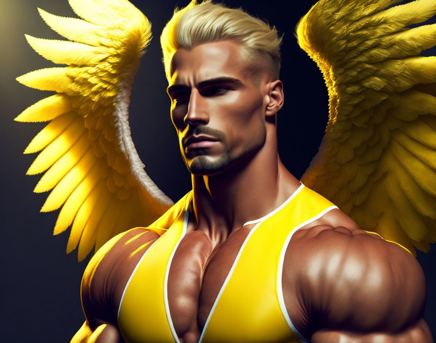 Muscular man with golden wings in yellow tank top on dark background