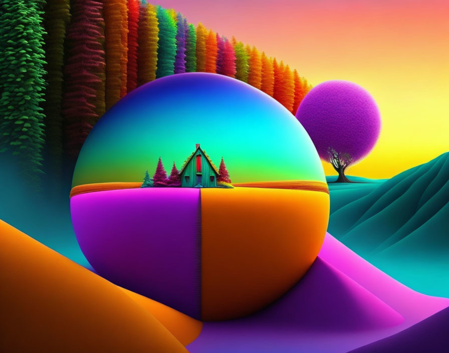 Colorful surreal landscape with house on spherical hill under multi-hued sky