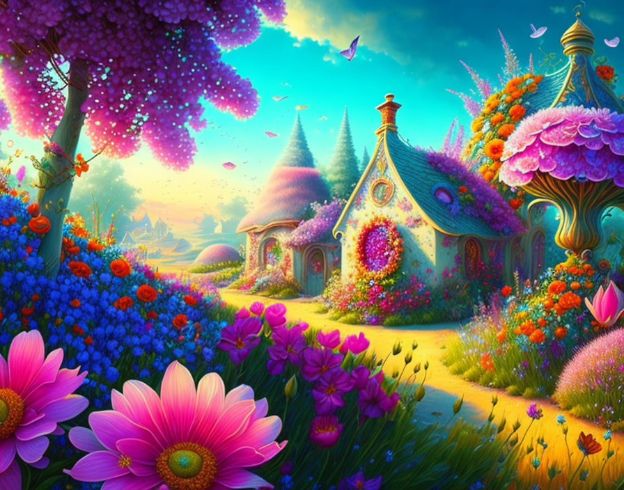 Colorful Fantasy Landscape with Cottages, Flowers, Butterflies, and Magical Glow