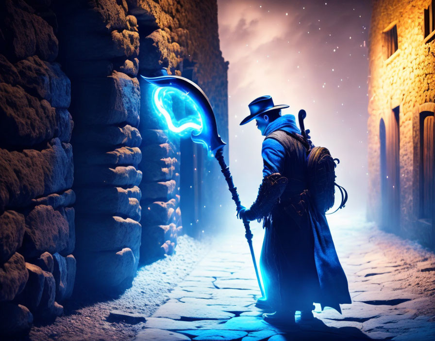 Mysterious cloaked figure with glowing staff in night alleyway