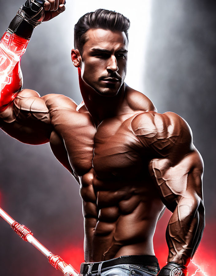 Muscular male figure with cybernetic arm wields red sword in dark setting