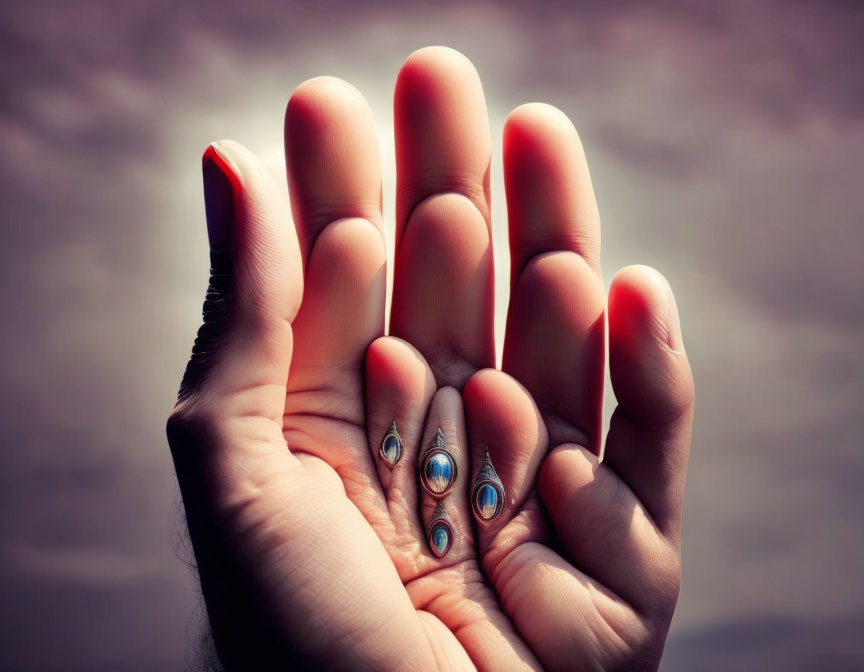 Red-tipped hand holding peacock feather designs on blurred background