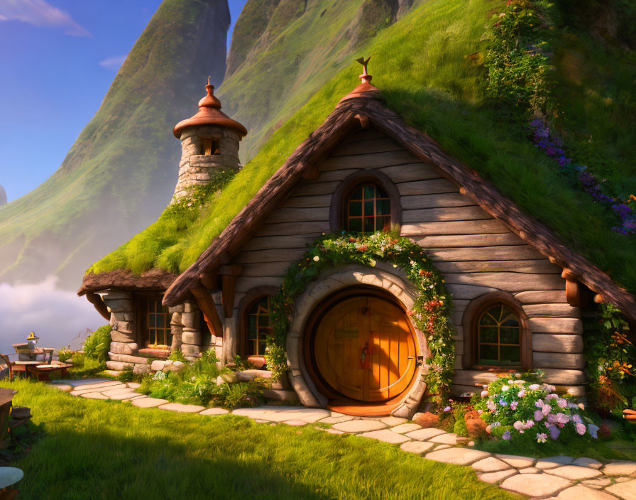 Round-doored cottage in lush hills with cobblestone path, blooming flowers, and cozy tower