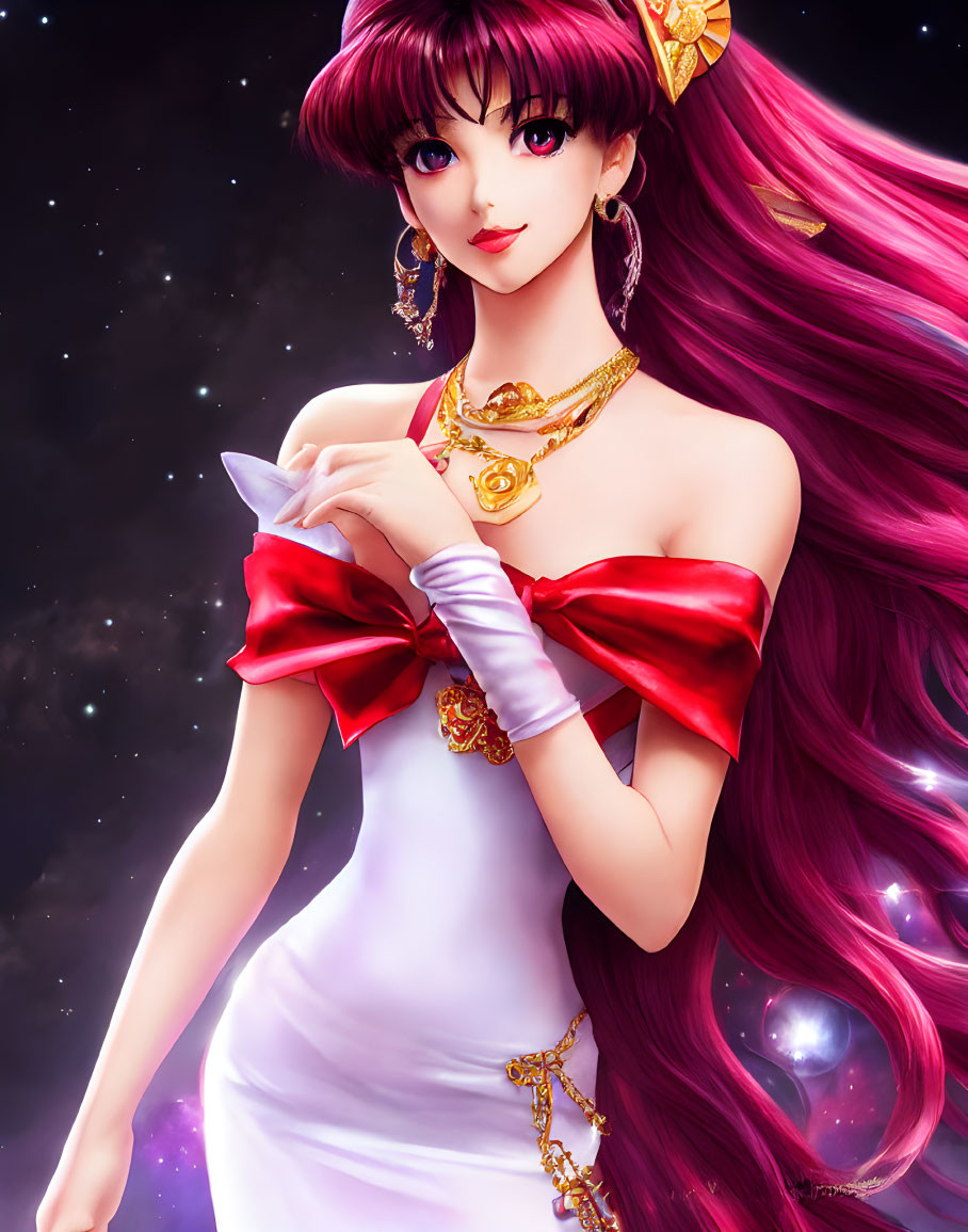 Illustration of female character with long pink hair in white dress against space background