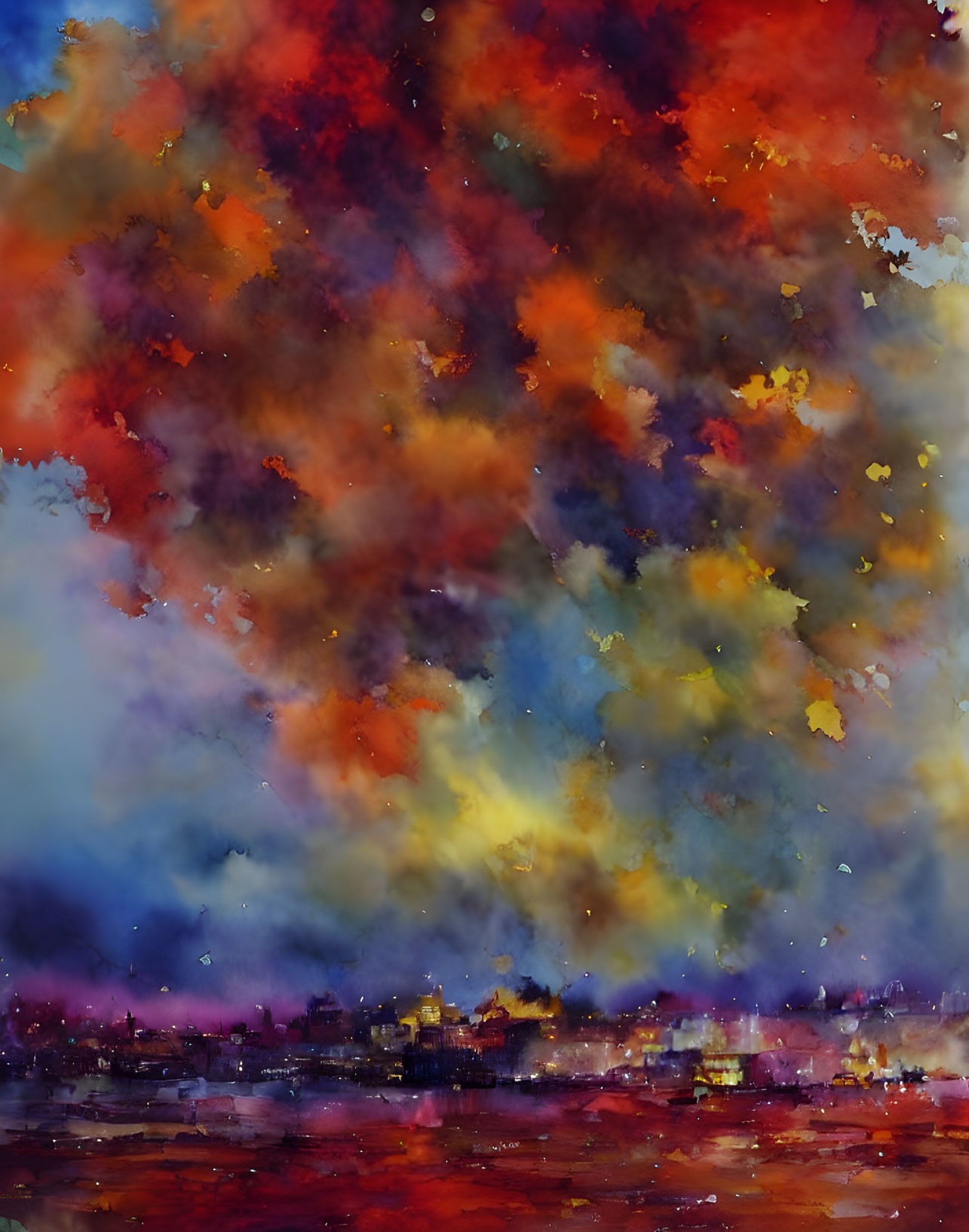 Abstract watercolor painting: Vibrant explosion of red, orange, and yellow hues above a dark city