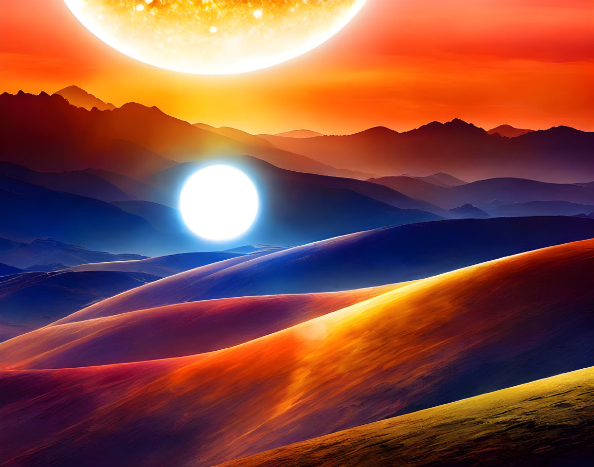 Surreal landscape with celestial bodies, colorful hills, and fiery sky