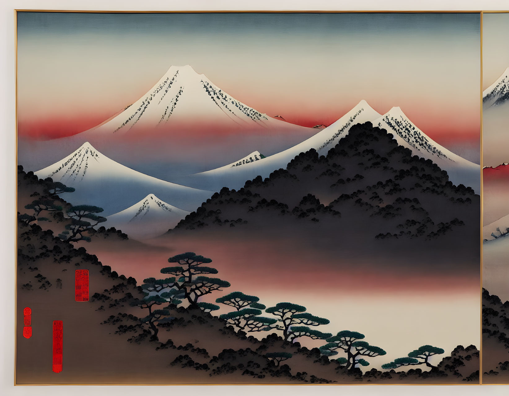 East Asian painting of snow-capped mountains, trees, warm sky, and seals/stamps