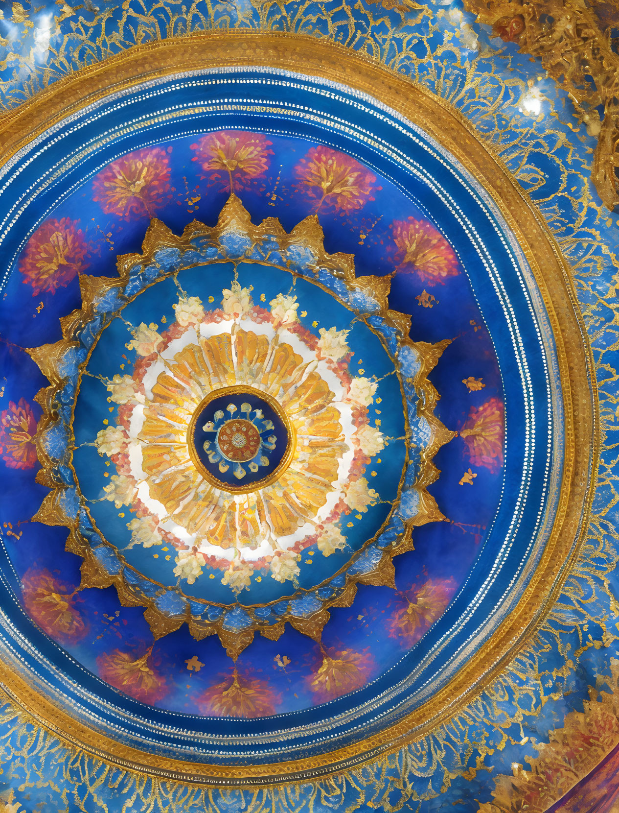 Circular Ceiling Design with Gold Details and Floral Patterns