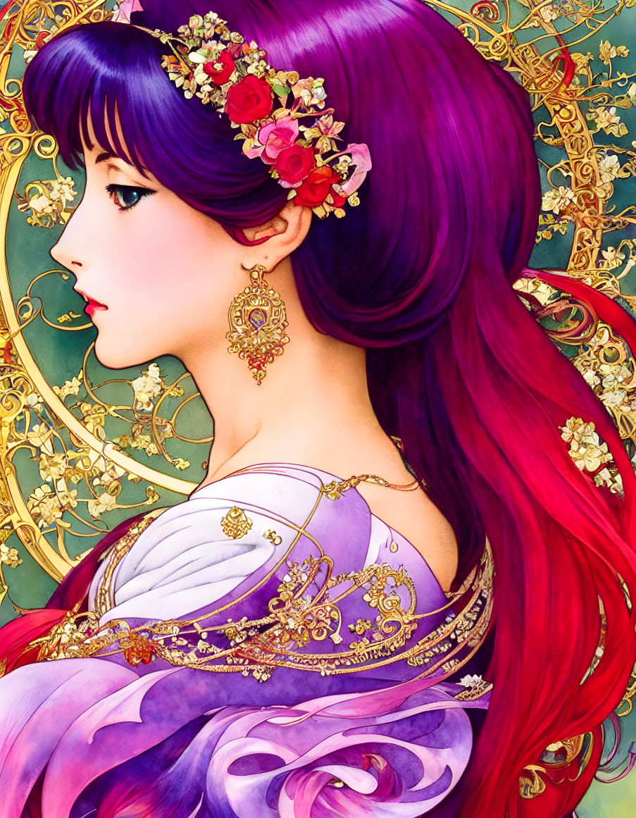 Vibrant Purple Hair Woman with Floral Jewelry and Background