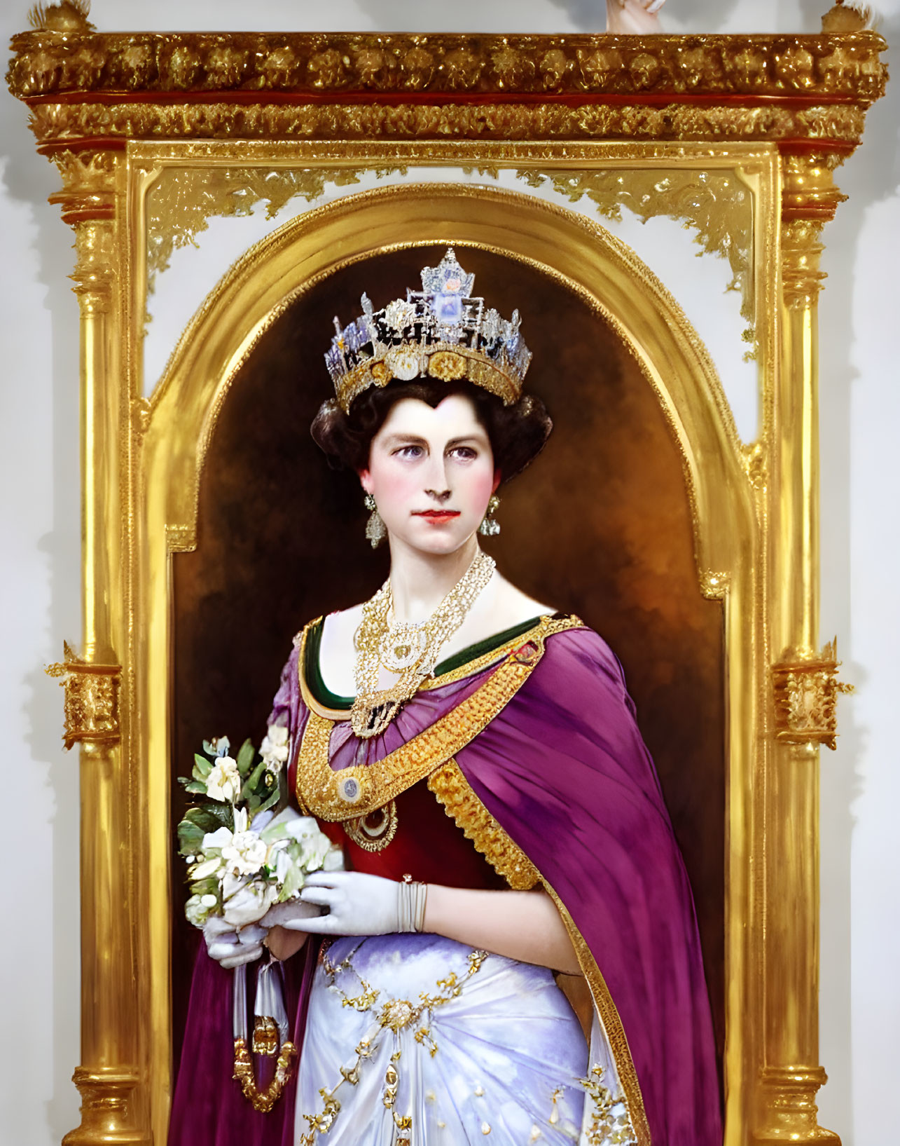 Regal woman in crown and gown with bouquet on gold-framed backdrop