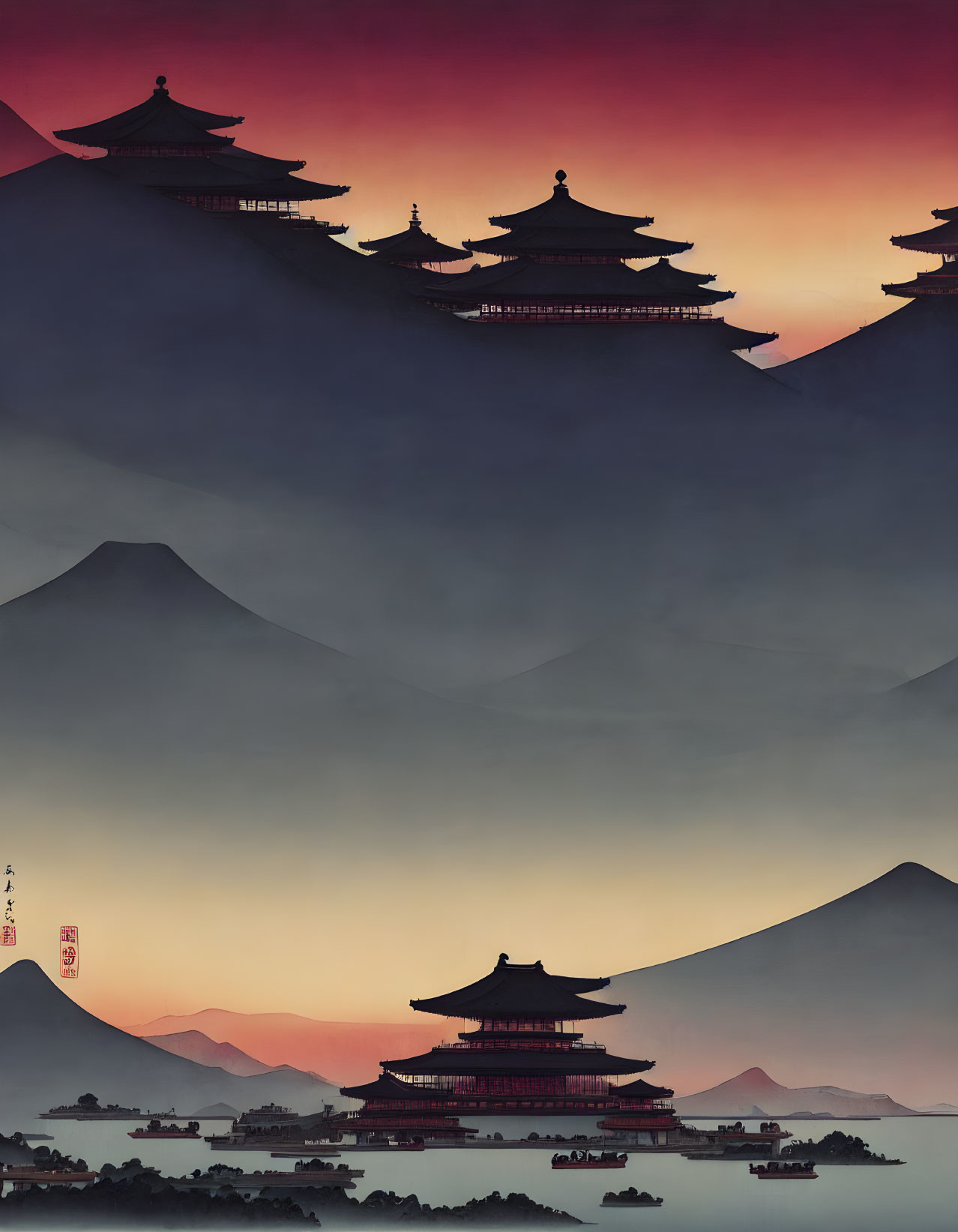 Traditional Asian Pagoda Silhouette in Misty Mountain Sunset