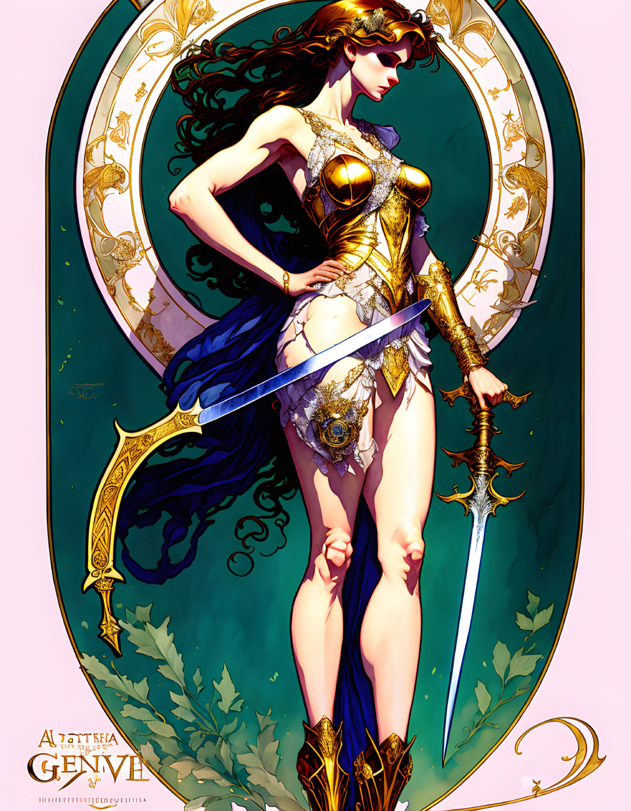 Female warrior in golden armor with sword on art nouveau backdrop