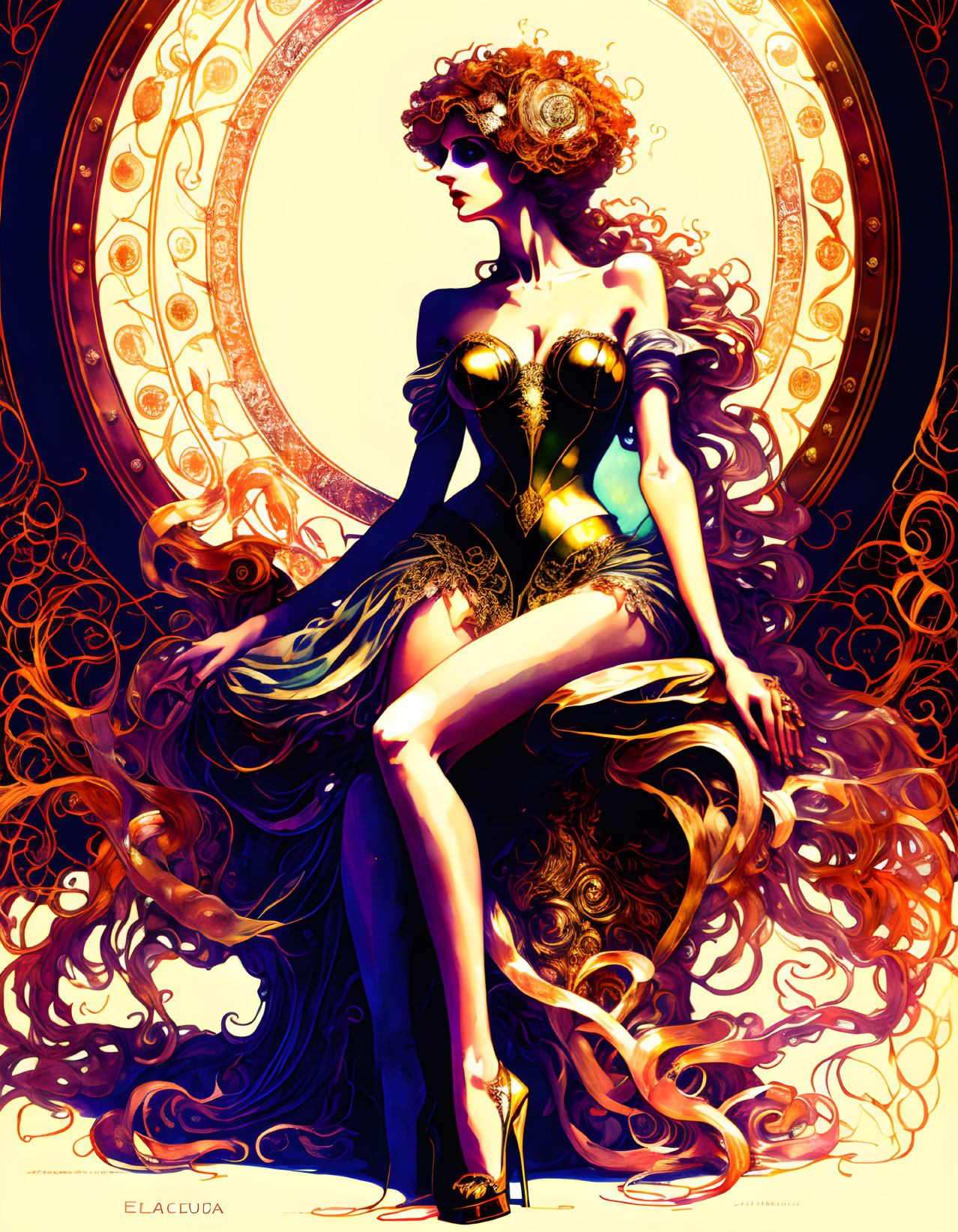 Illustrated woman in golden corset and heels with ornate mirror and swirls