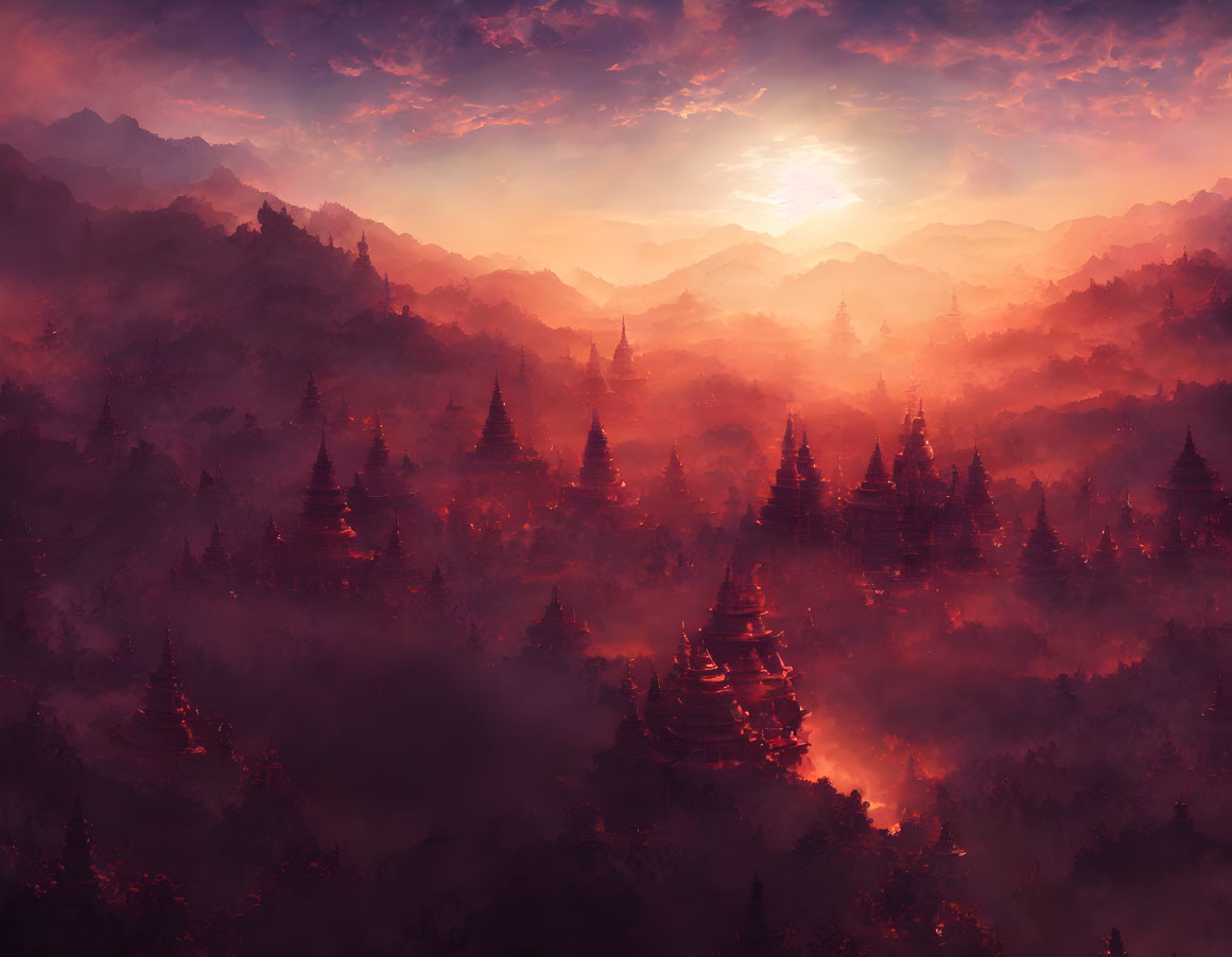 Mystical sunset landscape with pagodas in foggy forest