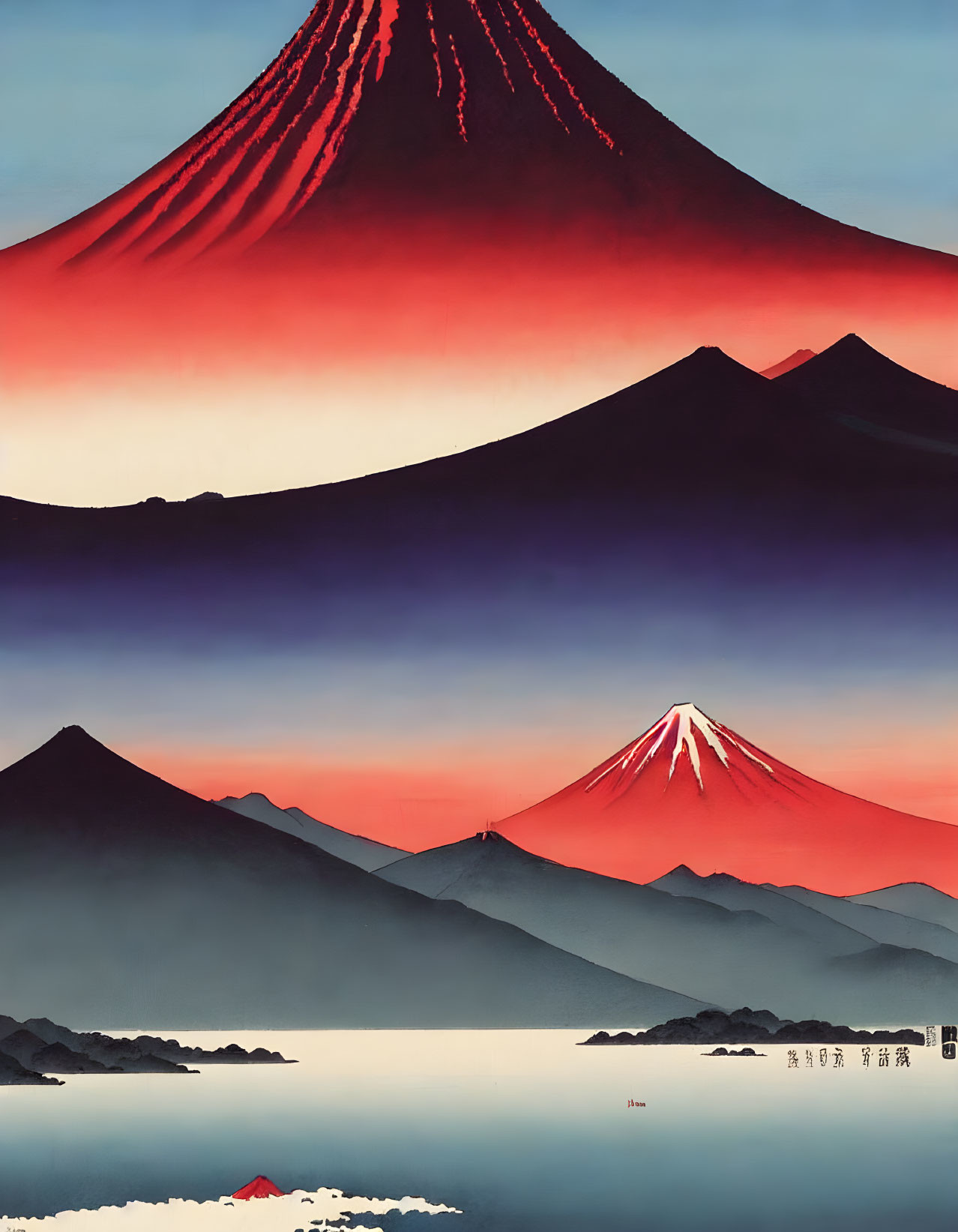 Stylized artwork of Mount Fuji with red sky, reflecting water, and Asian script.