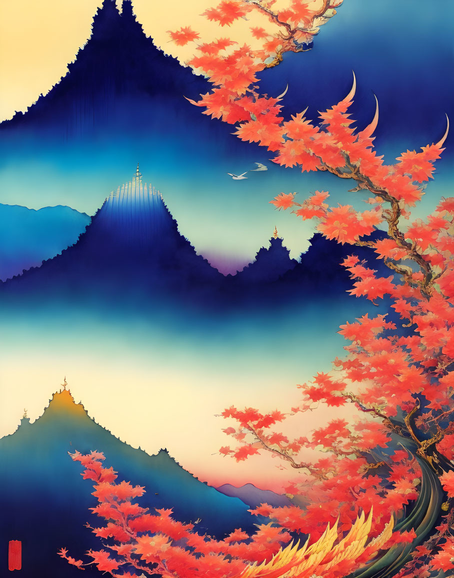 Stylized artwork of autumn leaves on tree branches with misty mountains