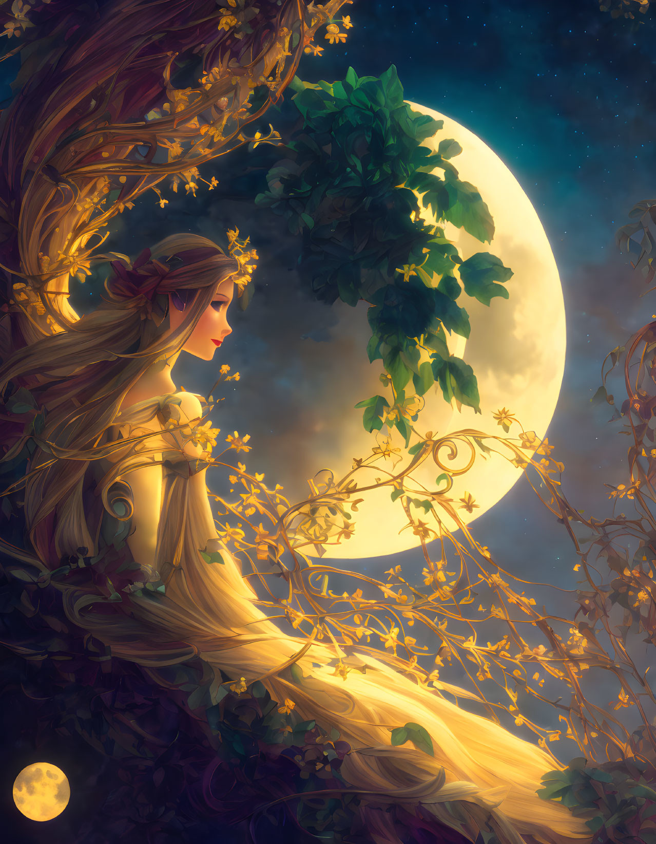 Woman sitting on vine branch under full moon in starry sky