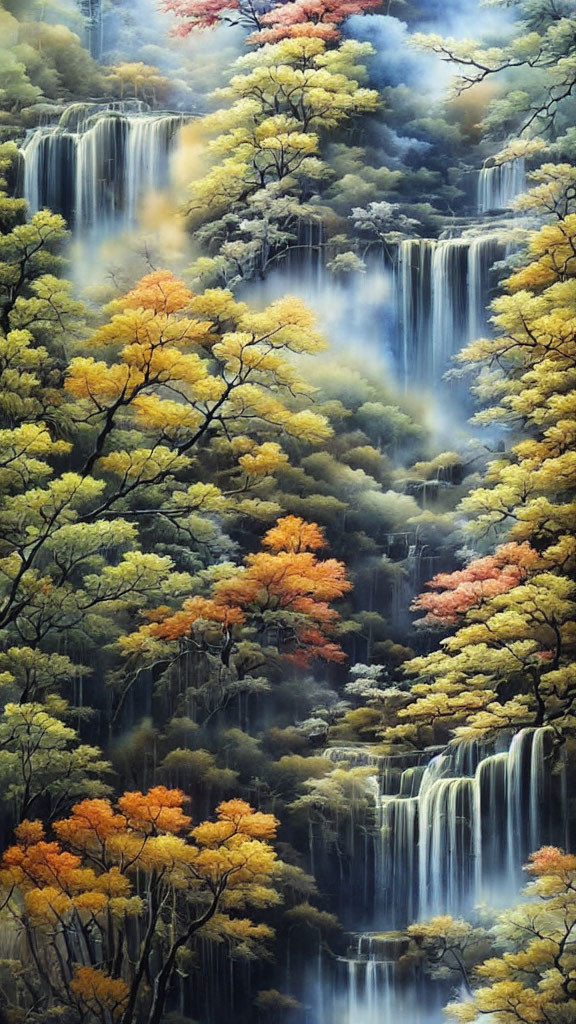 Vibrant autumn foliage frames serene forest waterfall