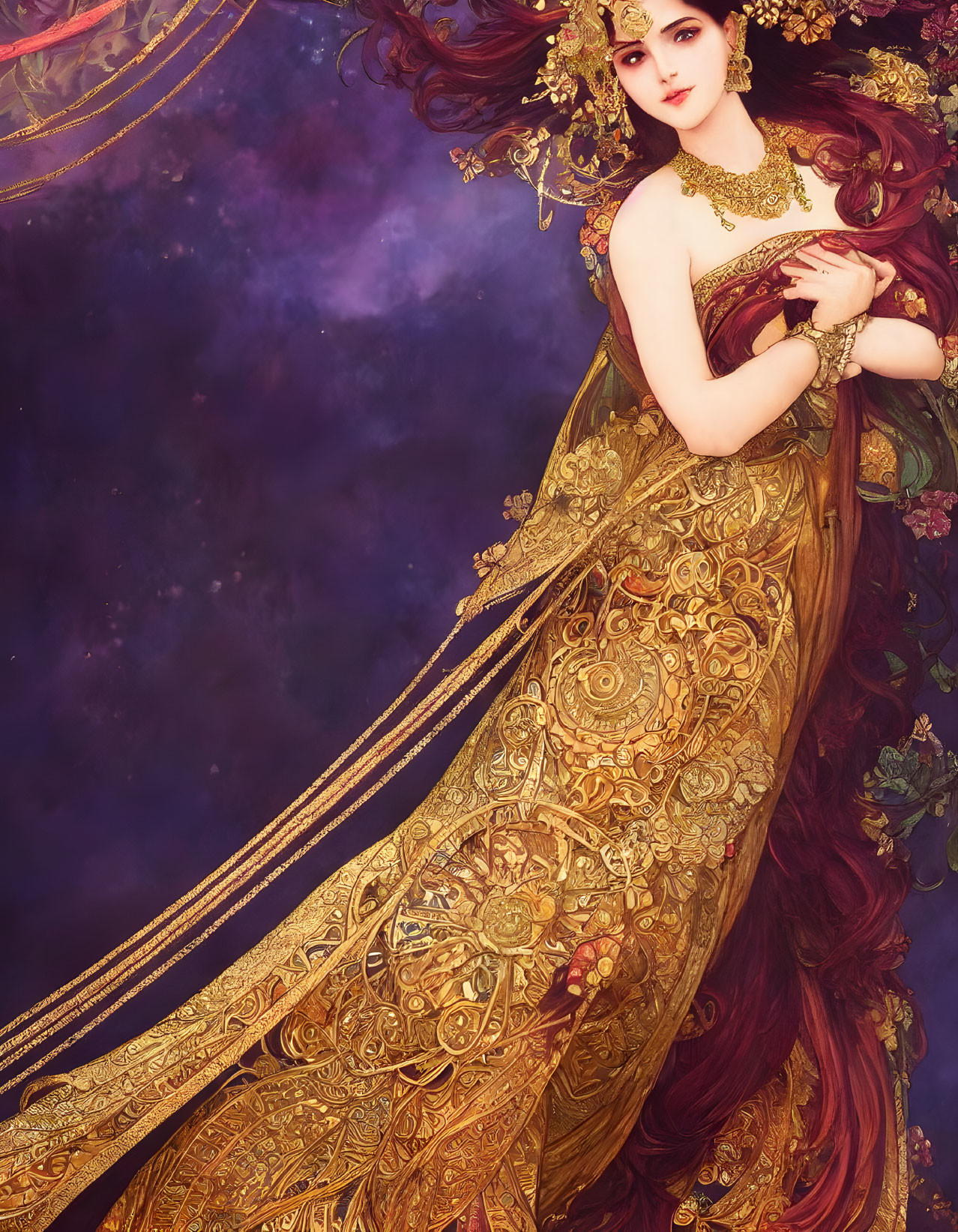 Illustration of woman in ornate golden gown with red hair and cosmic backdrop