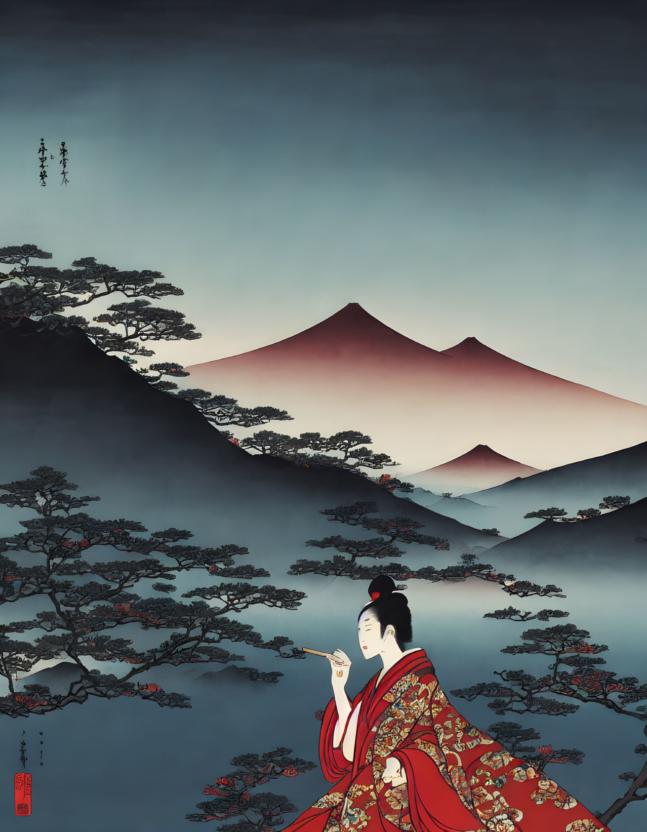 Traditional Japanese Artwork: Woman in Kimono Viewing Mount Fuji Landscape