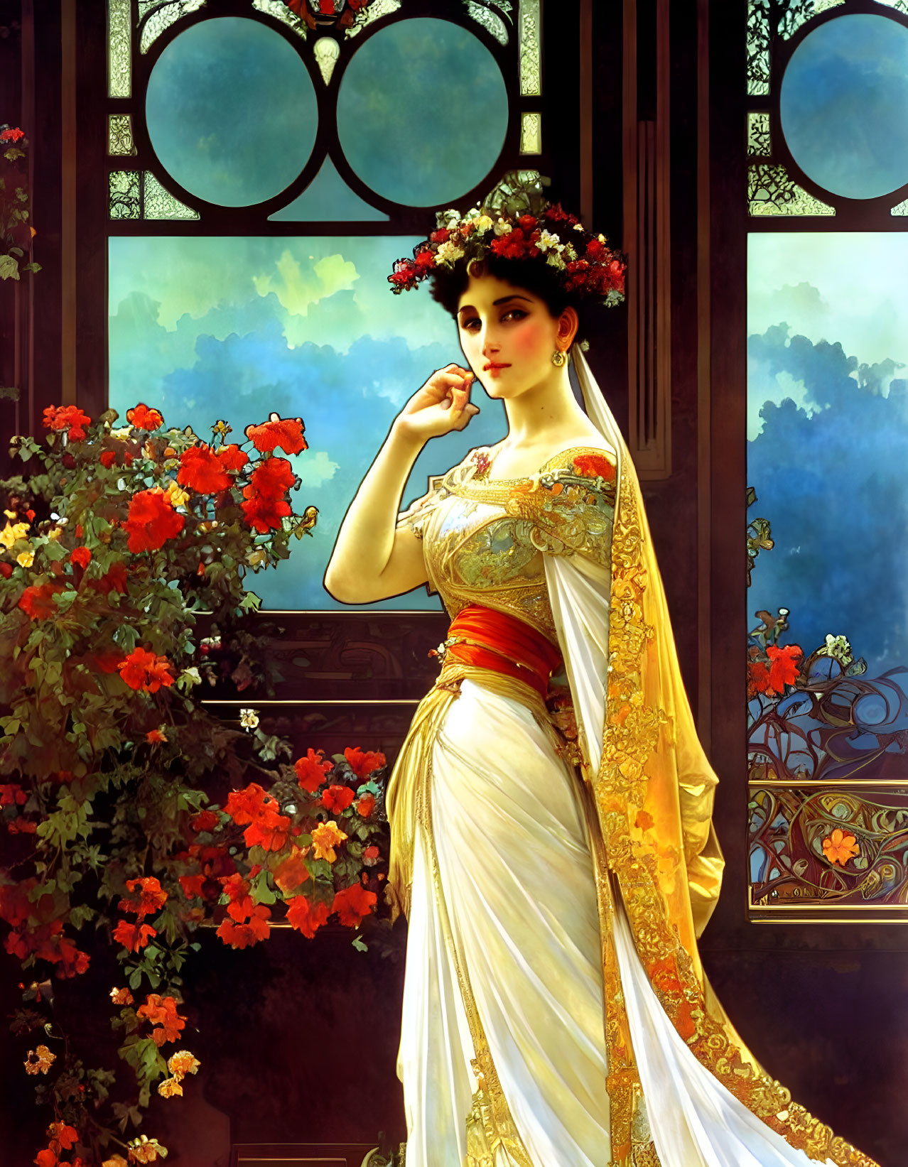 Illustrated woman in ornate dress by window with floral crown and red flowers