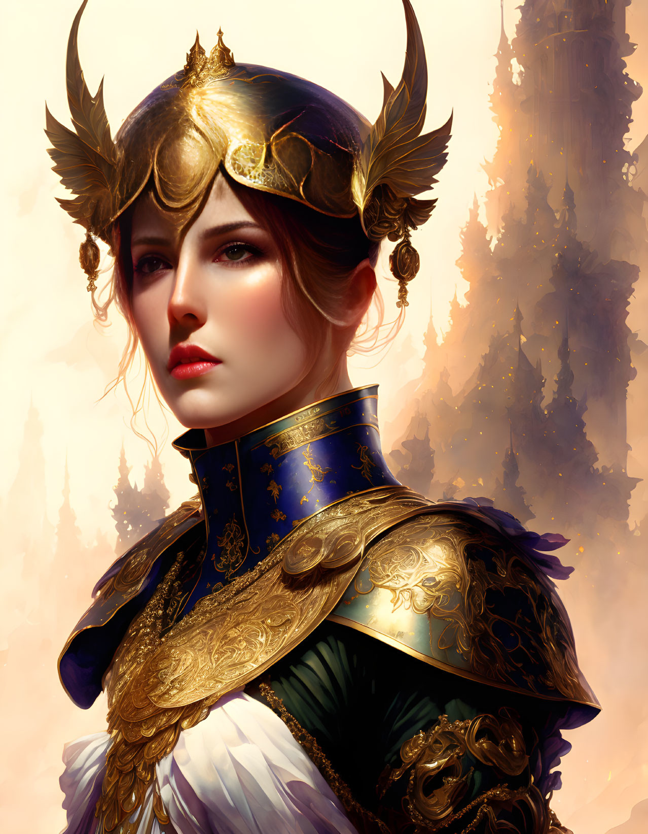 Digital artwork featuring woman in ornate golden crown and armor on fiery background
