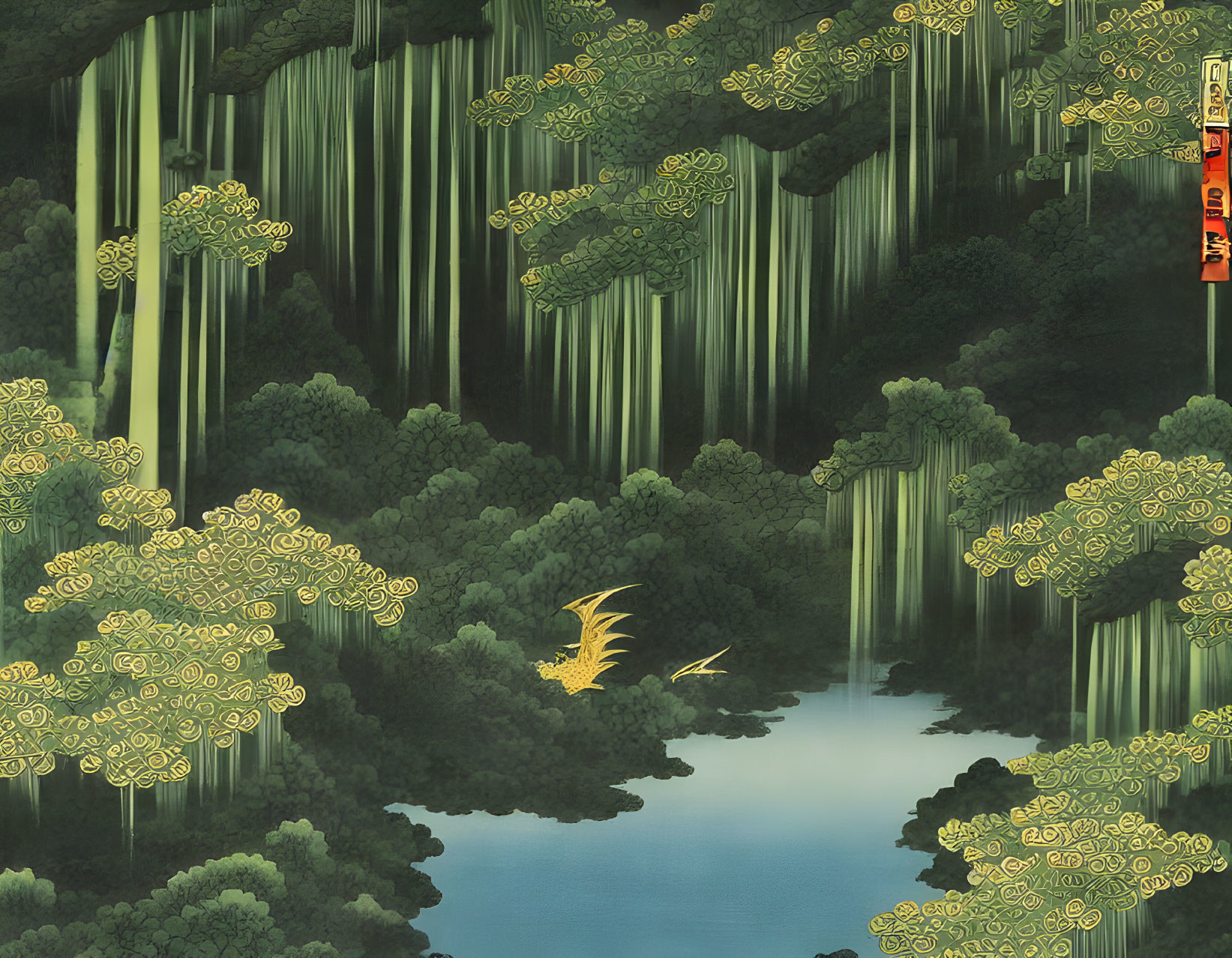 Traditional Asian Art: Green Forest, Lake, Cranes