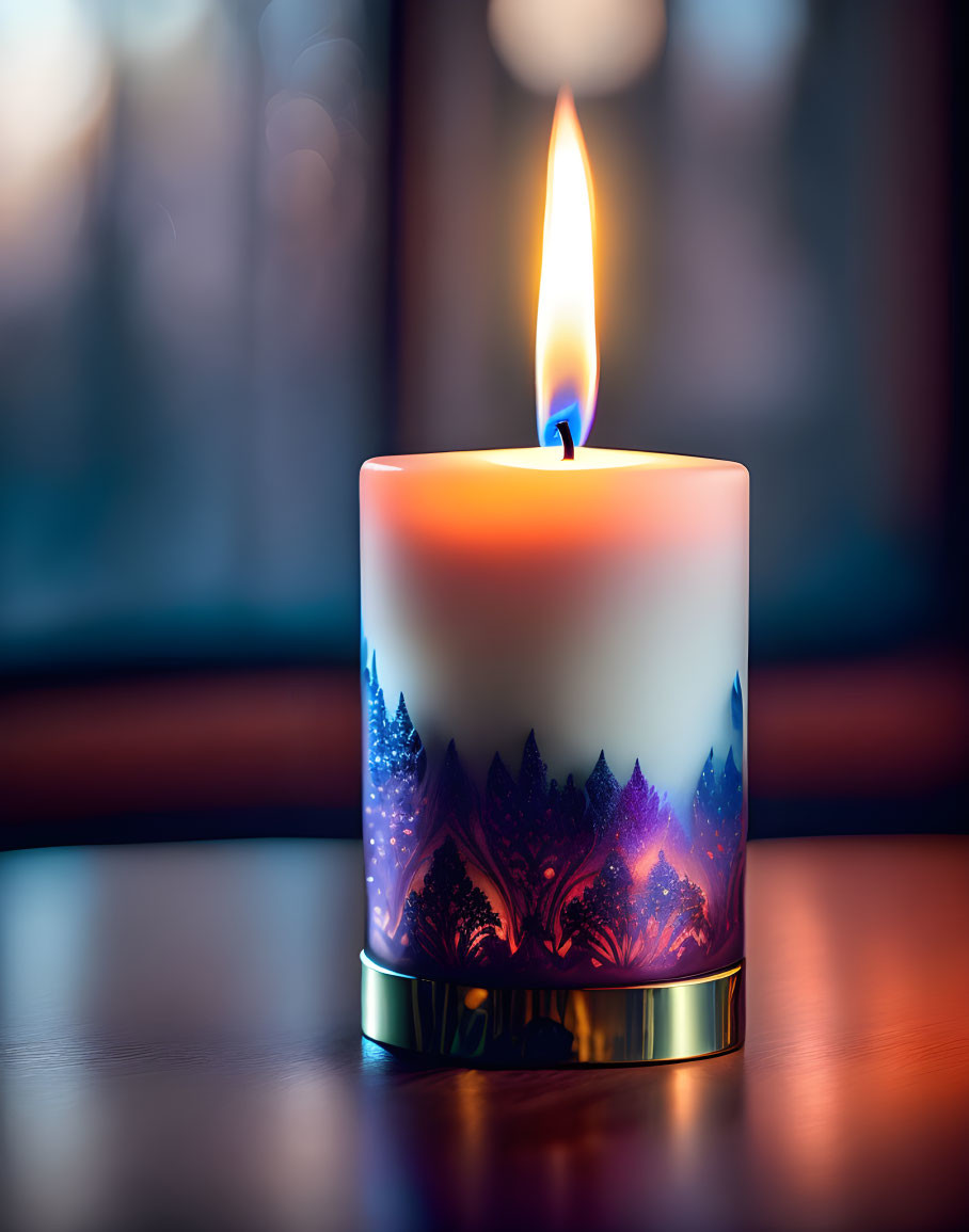 Forest Design Candle with Warm Glow on Surface