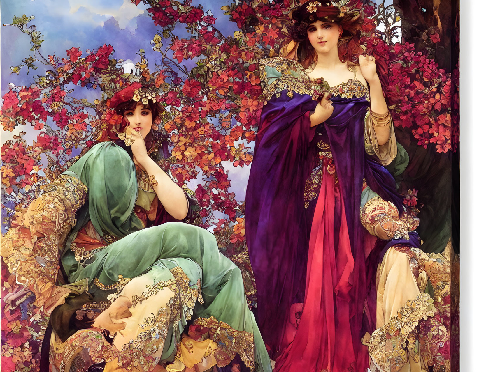 Two Women in Flowing Robes Surrounded by Blooming Vines