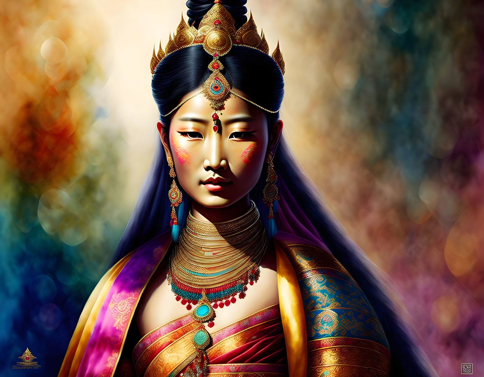 Regal woman in traditional attire with gold jewelry and headpiece