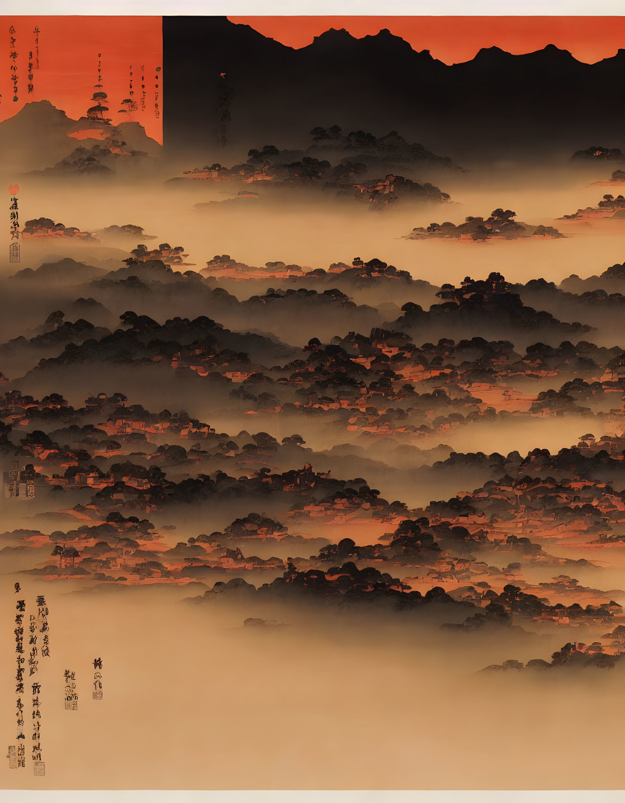 Asian Landscape Painting: Misty Mountains, Forested Hills, and Orange Sky