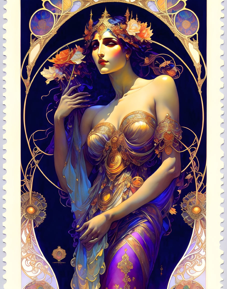 Art Nouveau Style Woman Illustration with Ornate Headpiece in Golden Frame