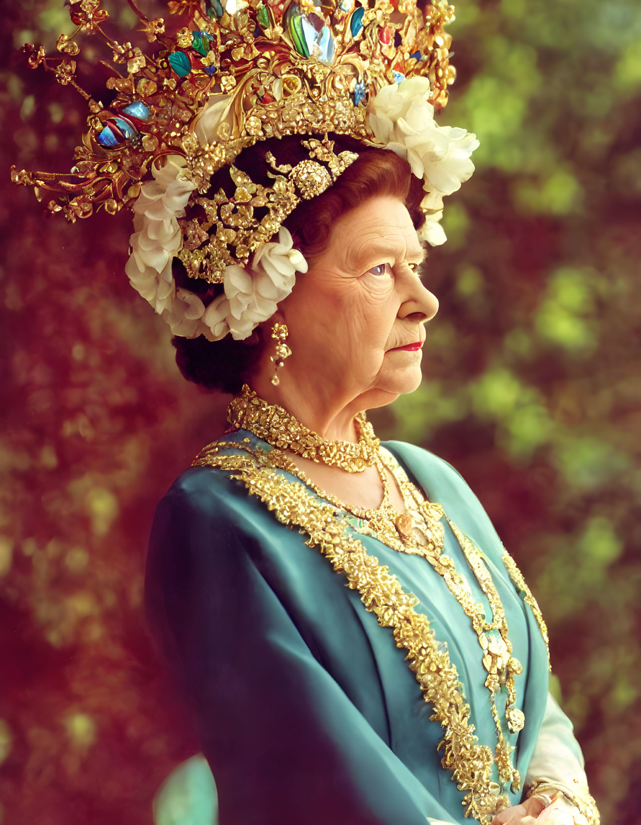 Person in Blue Gown with Gold Embroidery and Jeweled Crown