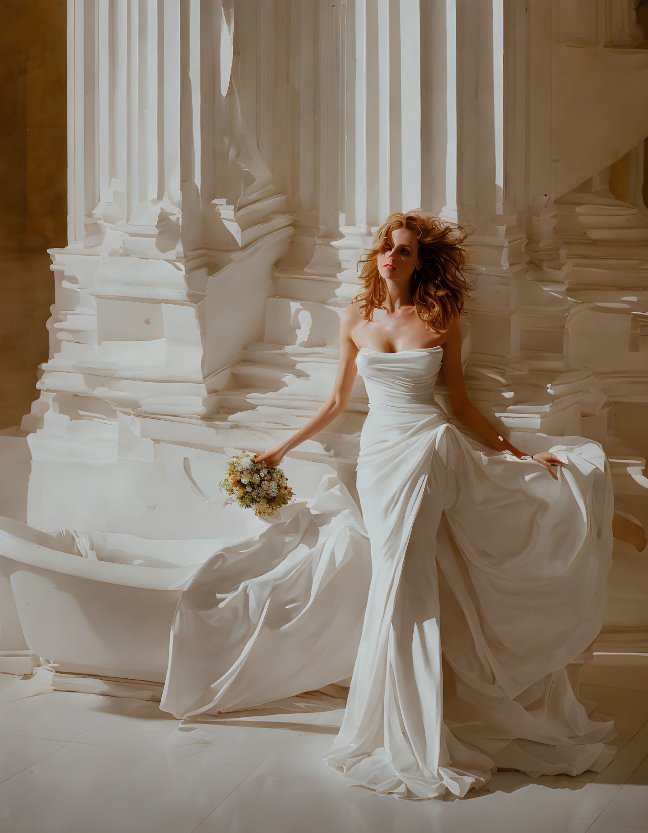 Woman in flowing white dress among classical columns with bouquet, basking in warm sunlight.