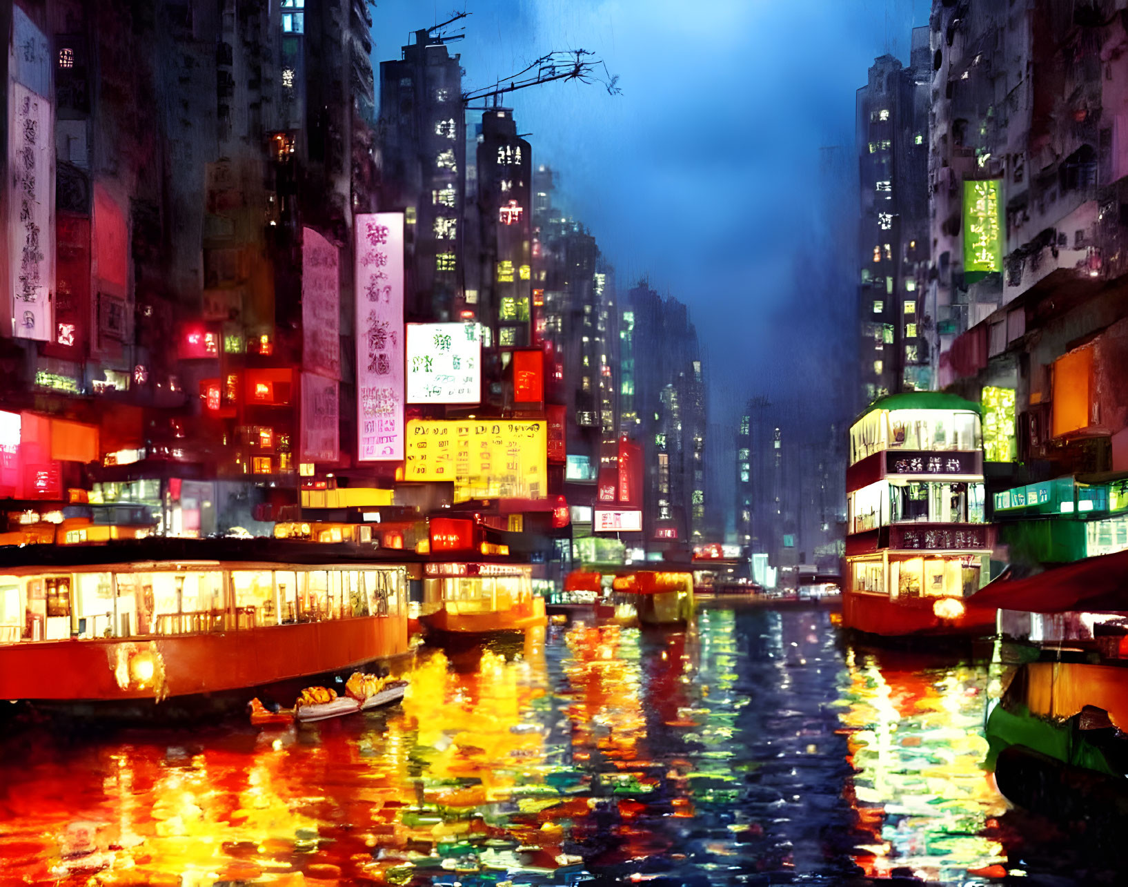 Vibrant neon-lit cityscape at night with boats on river reflecting towering buildings and signage