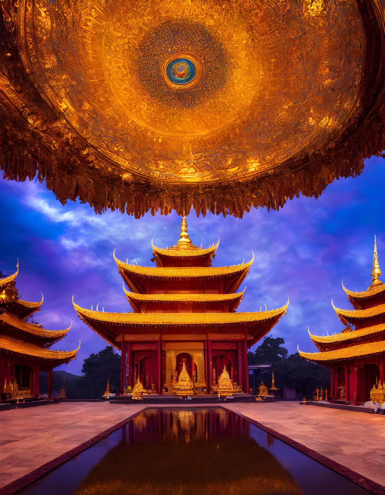 Golden temple with multi-tiered roofs under blue sky and decorative ceiling motif.