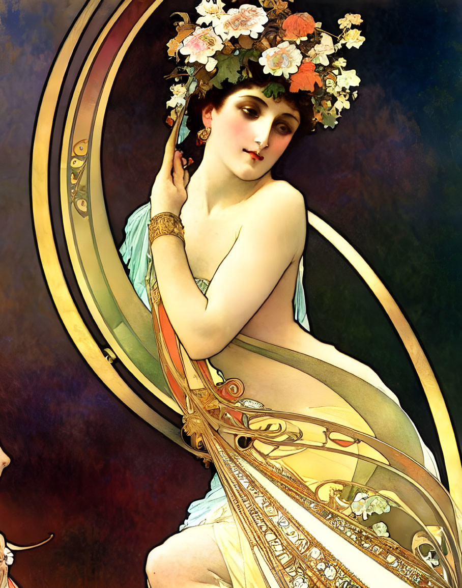 Art Nouveau Style Painting of Elegant Woman with Floral Wreath