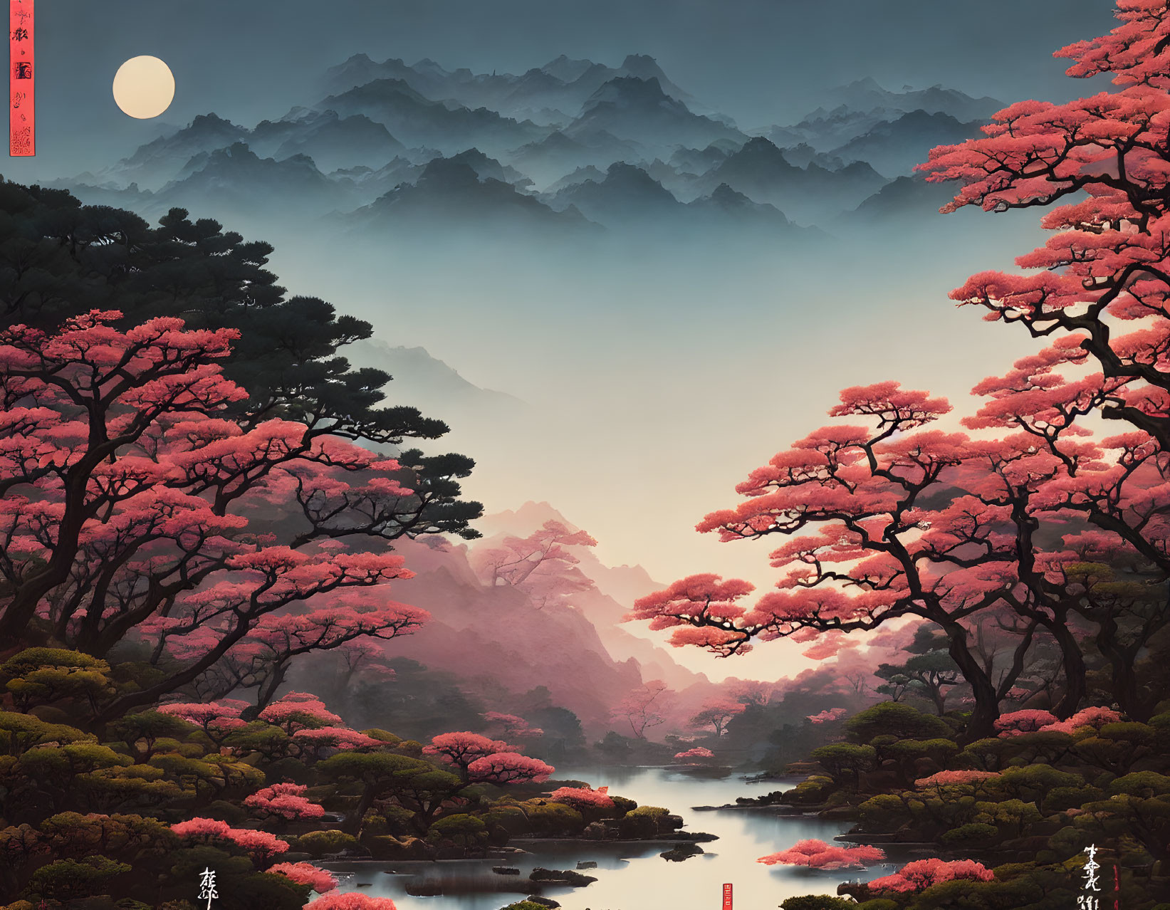 Serene East Asian landscape with cherry blossoms, misty mountains, and a tranquil pond