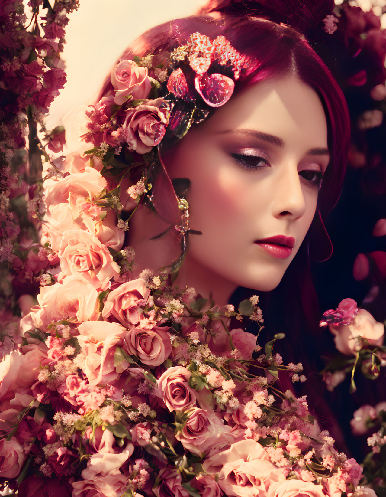 Woman with Red Lipstick Surrounded by Roses and Floral Theme