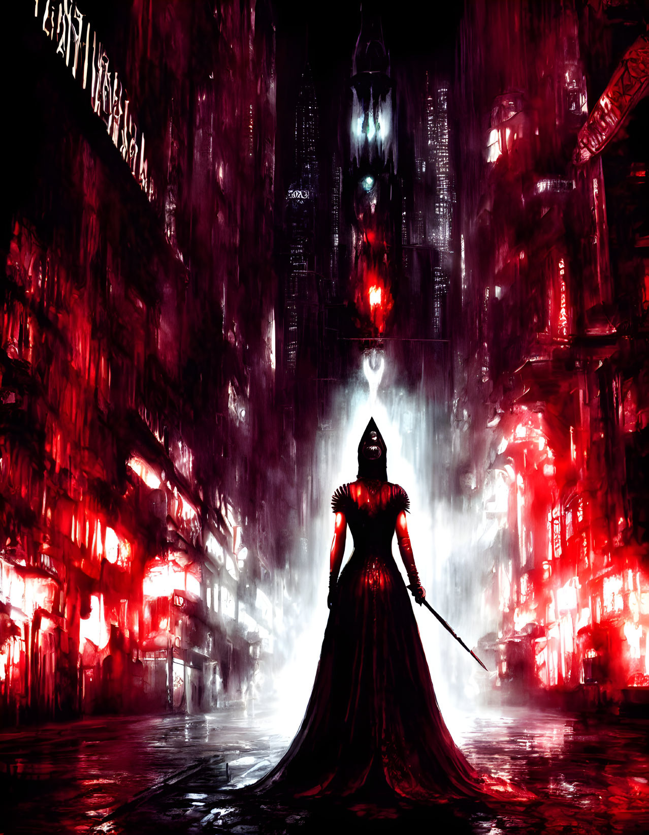 Cloaked figure in futuristic neon-lit cityscape