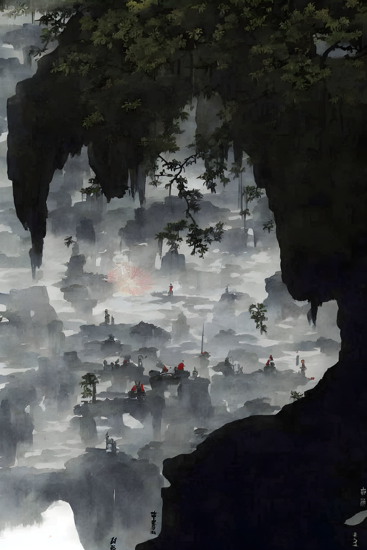 Misty East Asian mountain landscape with silhouetted figures