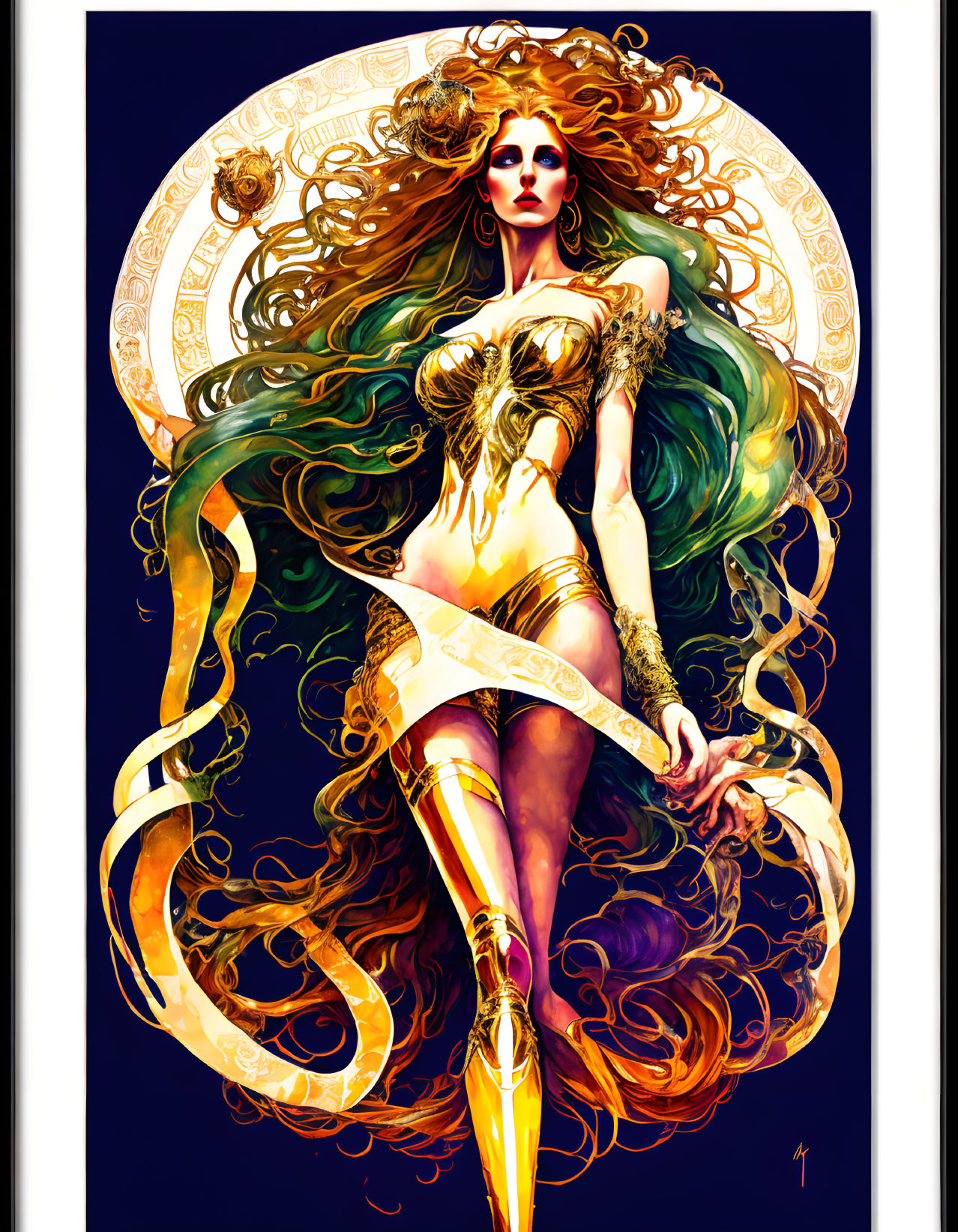 Illustrated female figure in golden armor with flowing hair on Celtic-style deep blue background