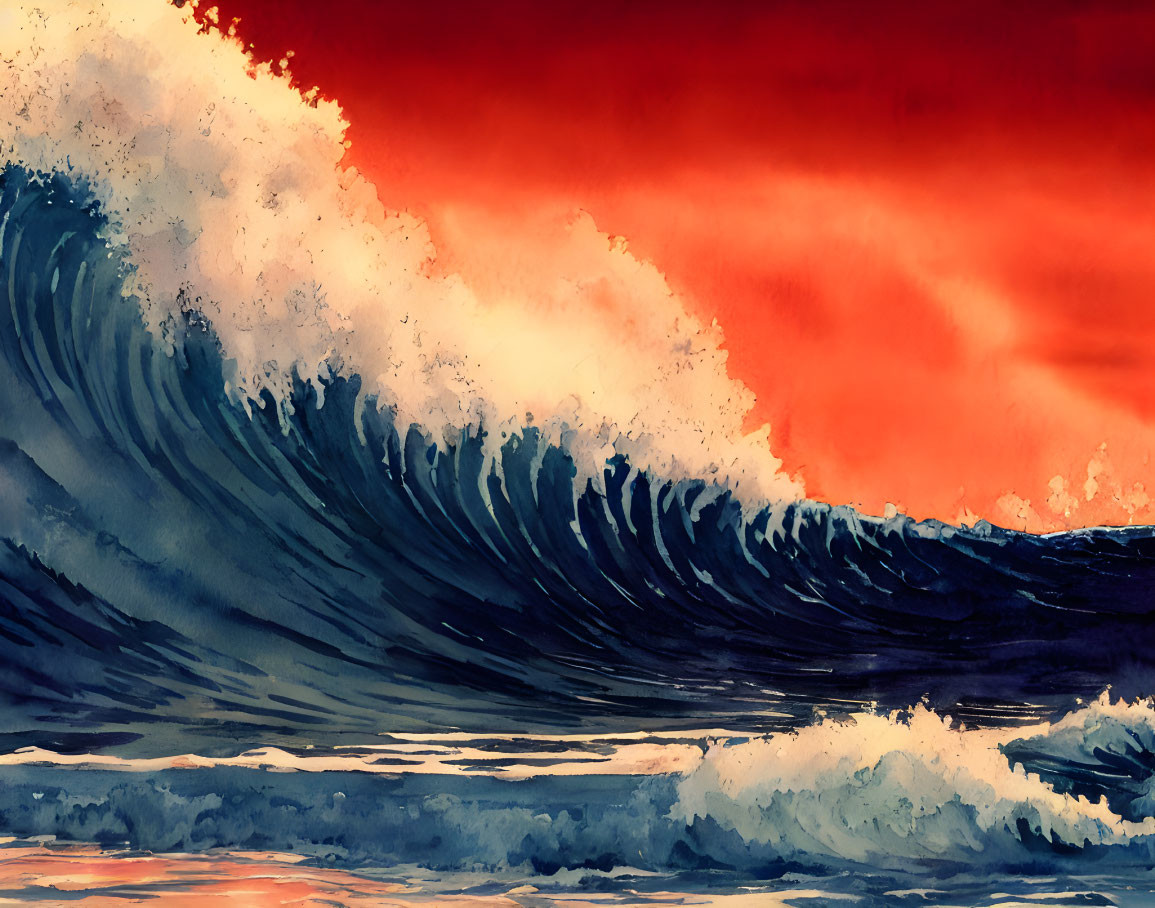 Vivid painting of powerful wave under red and orange sky