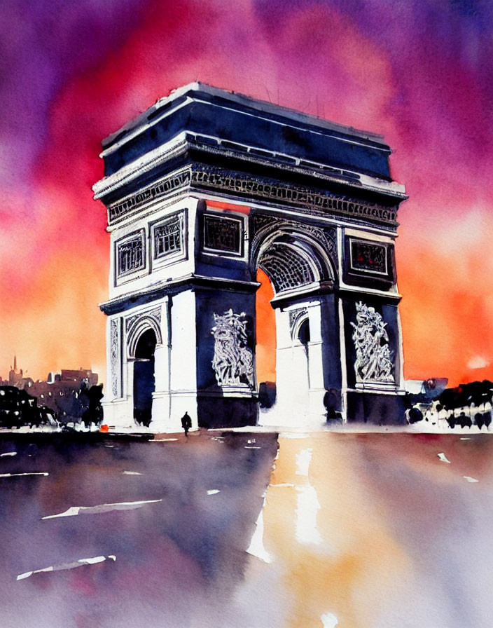 Vibrant watercolor painting: Arc de Triomphe under red and purple sky