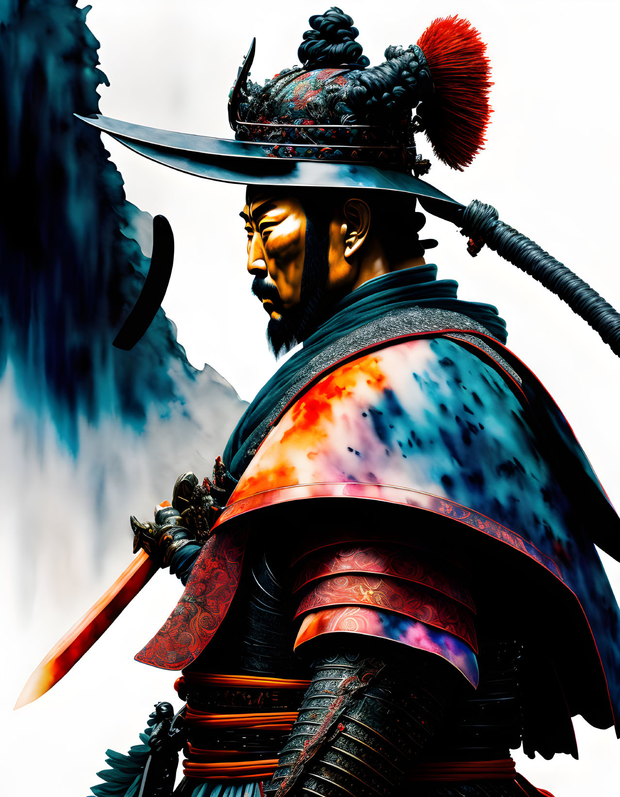 Digital illustration of samurai in ornate armor with katana against misty backdrop