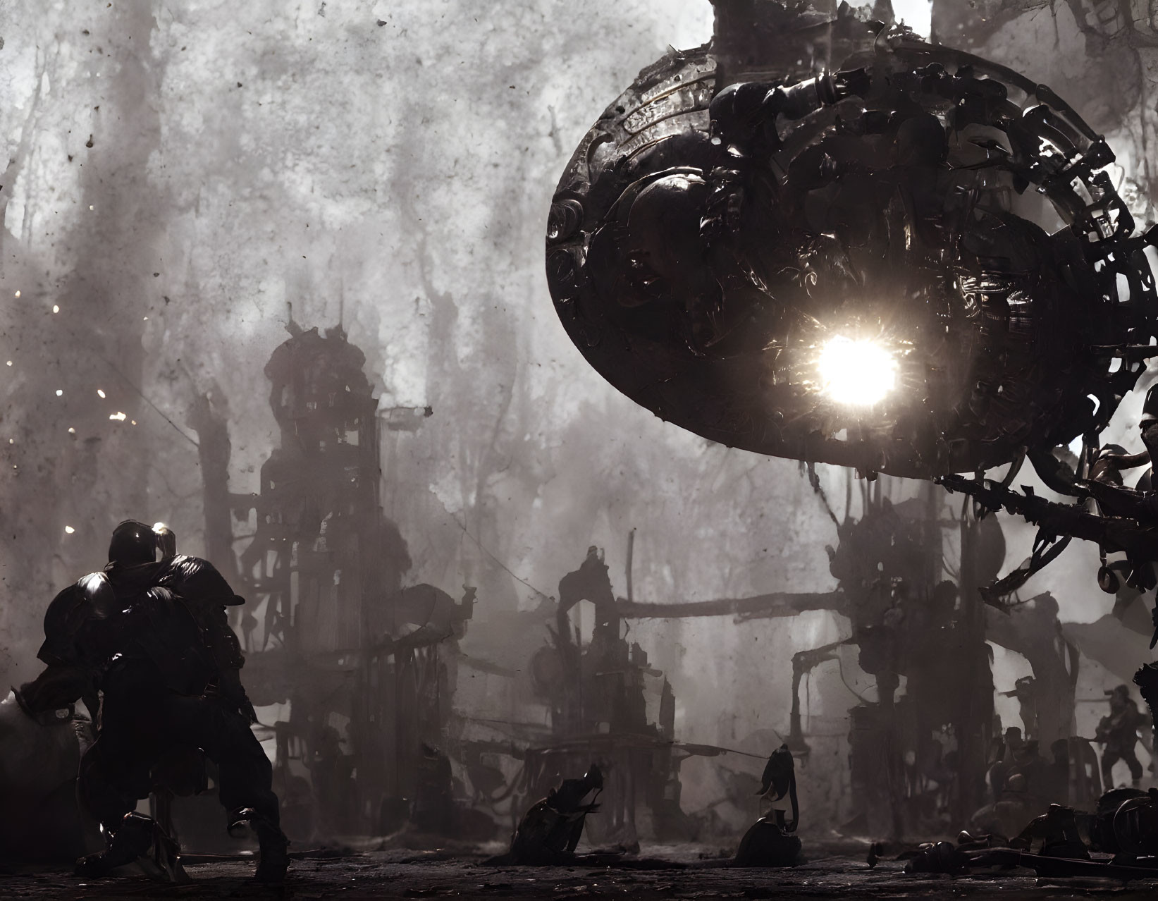 Armored warrior confronts giant mechanical structure in dystopian setting